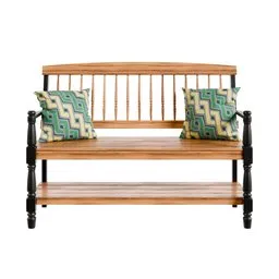 Elegantly crafted 3D slatted wooden bench with spindle backrest and shelf, accented with patterned pillows, for Blender 3D projects.