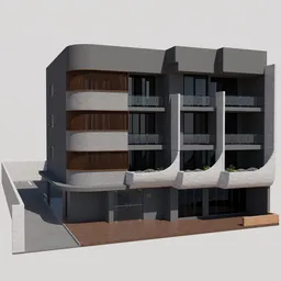 "Modern 4-story apartment building with parking lot rendered in Blender 3D. Featuring sleek concrete design and balcony, great for background or neighboring buildings. Inspired by Taravat Jalali Farahani's work, with an epic 3D omolu."
