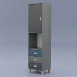 "Blue 3D rendered standing cabinet with a door, three drawers, and an empty space in the middle. Inspired by artist Frederick Hammersley, this children's furniture set is perfect for any room. Created using Blender 3D software."