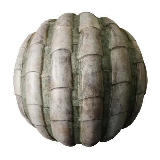 2K PBR terracotta roof tiles with lichen texture, suitable for realistic architectural rendering in Blender 3D and other 3D apps.