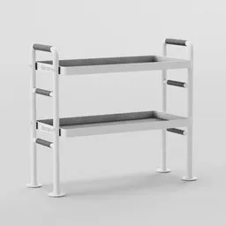 "3D model of an Operating Bench with 4k textures for Blender 3D. The bench features a shelf with another shelf on top of it, aluminum fencing, and a blue-grey gear design. Perfect for medical or laboratory settings."