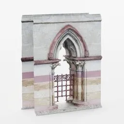 "Highly ornate and eroded Gothic Arch structure in 3D for Blender. Colorful stone archway photo-scan inspired by Thomas de Keyser and featuring rose soft light. Perfect for creating realistic ruins or gothic cathedrals. "