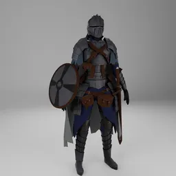 Detailed 3D render of armored knight with shield and sword for Blender modeling and animation.