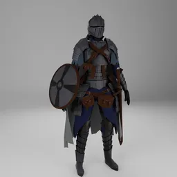 "Fantasy armored adventurer in full plate armor with shield and sword, inspired by Nikolaj Abraham Abildgaard. A 3D model for Blender 3D, perfect for D&D characters or game assets. Rendered in blue and gray colors, featuring a female investigator, solo male soldier, and armored duck."