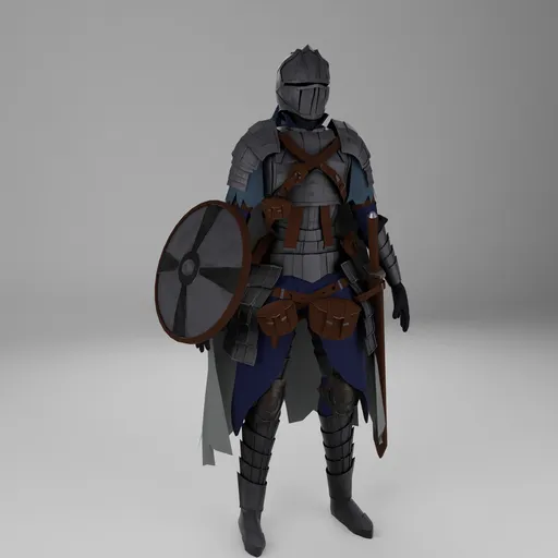 Detailed 3D render of armored knight with shield and sword for Blender modeling and animation.