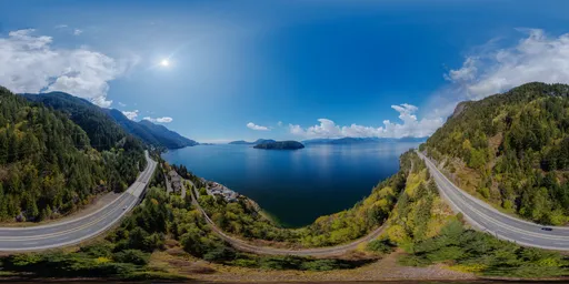 360-degree HDR of mountains by the ocean with sunny skies, ideal for realistic lighting in 3D scenes.