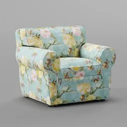 Detailed 3D rendering of a cozy armchair with a floral print, compatible with Blender for interior design visualization.