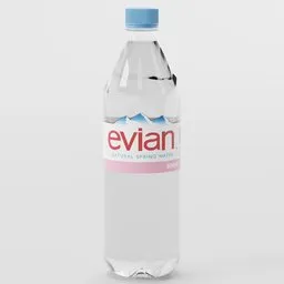 "Hyper-realistic 3D model of an Evian water bottle with a blue cap, perfect for Blender 3D projects. This low-polygon model features accurate label design and realistic water content, making it ideal for drink-related designs. Sized at 500ml (17oz), this model is true to life and ready for use in any project."