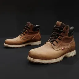 High-resolution 3D model of brown leather boots with optimized materials suitable for character design or interior scenes, showcased in Blender.