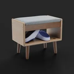 "Modern Mini Shoe Rack for books and decorations, a 3D model created in Blender 3D. This furniture piece features visible stitching and small legs, perfect for small and cosy student bedrooms. Designed by Jan Dirksz Both in 2019, it adds a touch of style to any space."