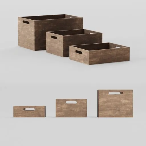 Low-poly 3D wooden crate set with 2k textures for Blender, various sizes, suitable for virtual industrial environments.