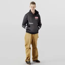 Realistic 3D model of a young man with a NASA hoodie and sneakers posed in thought, perfect for Blender 3D projects.