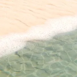 Realistic 3D-rendered beach scene with clear water, sand, and light patterns created in Blender.