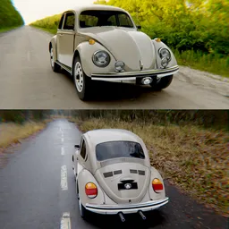 "Low-poly and well-textured Volkswagen Beetle 1980s 3D model ready for use in Blender 3D. The model features a detailed interior, engine, and suspension, along with rigged wheels, and is inspired by classic realism with low saturation colors. Created by Antônio Parreiras and inspired by Harry Beckhoff and Caspar Wolf."