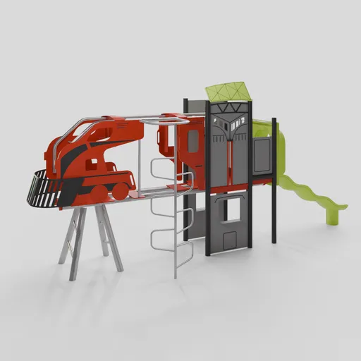 Detailed 3D Blender model of a red train-themed children's playground set, with slide and ladders.