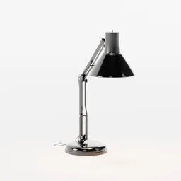 Realistic 3D-rendered adjustable office lamp for Blender, high-detail chrome and black design, isolated on white.