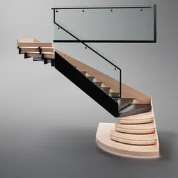 Detailed 3D rendered U-shaped wooden staircase with glass railings and step illumination for Blender models.