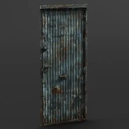 Realistic textured 3D model of a weathered metallic shed door with rust details, compatible with Blender rendering.