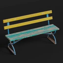 Detailed 3D scanned texture of a weathered, multicolored bench for Blender visualization.
