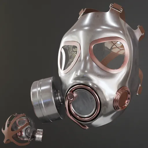 Detailed low poly 3D gas mask model with high-quality metal textures, suitable for Blender war game designs.