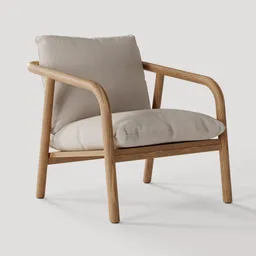 Detailed 3D model of a modern wooden lounge chair with cushion seating for Blender rendering.