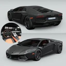 Detailed 3D model of a black luxury supercar, showcasing exterior design and intricate interior on Blender.