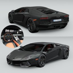"Black luxury supercar, Lamborghini Adventador 2012 with red interior rendered in 3D using Blender 3D software. Detailed model with over 345,000 faces. Perfect for car enthusiasts and 3D modelers seeking a high-quality sports car model."