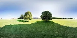 Tranquil green lawn panorama with tree shadows for realistic scene lighting in 3D renders.
