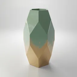 Green and gold polygonal 3D vase model with sleek design, compatible with Blender rendering.