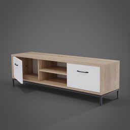 "Modern openable TV cabinet with metal legs - Blender 3D model by Liza Family. Features 2 doors for storage. Perfect for contemporary interior design."