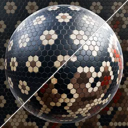 Hexagonal ceramic tile PBR material with pattern variety and customizable colors for Blender 3D, high-quality 4k texture.