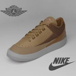 "3D model of Nike Air Jordan low premium shoe created in Blender 3D, inspired by Joseph Henderson and Cassius Marcellus Coolidge. Highly detailed VFX espresso render, with an earthy side-profile view. Perfect for product visualization and Apollo 11 inspired designs."