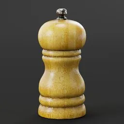 Realistic 3D model of a wooden pepper mill with textured surface and metallic grinder, created for Blender.