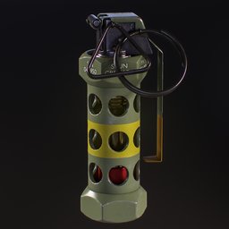 Detailed low poly 3D model of a flashbang grenade, textured for game asset design, created in Blender.