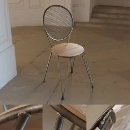 "Metal and wood chair model called Mariona, 44cm x 45cm x 89cm in size, created using Blender 3D software. Features include perforated metal, path tracing render, and accurate attention to detail. Perfect for 3D design enthusiasts and interior designers alike."