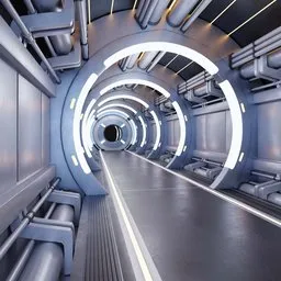 "Sci Fi Corridor - A futuristic spaceport tunnel with chrome tubes, connections, and benches. This 3D model, inspired by Bernard Meninsky, is perfect for visualizations, advertising renders, and other projects. Created in Blender 3D, the modular structure allows for easy customization of the tunnel length."