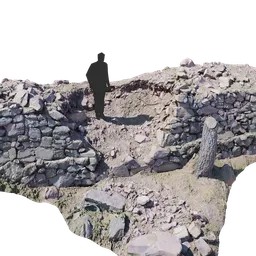 "Explore a complex 3D scene of a broken dry stone wall terrace with a tree growing out of it in Santorini island, perfect for environmental elements in Blender 3D. Enhance the details with displacement enabled materials and Subdivision modifier for both viewport and render. Get a glimpse of the dig site with high-angle view, reflecting pool, and damaged chimney in this PBR Scan 2 model from BlenderKit."