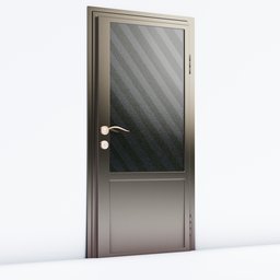 "Grey metal door with textured glass and brass plates 3D model for Blender 3D. The door features a unique design with a tannoy and sharp nose with rounded edges. High-quality rendering and an intricate tarnished longcoat texture add to the realism."