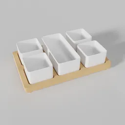 "Wooden snack server tray with 6 porcelain bowls - 3D model for Blender 3D. Featuring four white bowls and a tray on a wooden base, this high-definition 3D render showcases the simplistic design in de Stijl and Swedish styles. Optimized for Octane Render and Redshift Render, this set offers different sizes for various snack servings."
