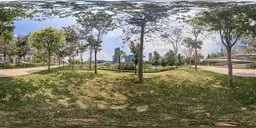 Panoramic HDR image featuring lush greenery and trees with overcast skies for scene lighting.