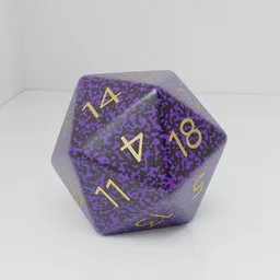 Detailed Blender 3D render of a purple and black 20-sided dice with intricate gold numbers for gaming.