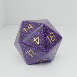 "Get ready for your next D&D adventure with these striking purple and black 20-sided polyhedral dice featuring gold inset numbers. Created in Blender 3D, this ideal polyhedron is perfect for game enthusiasts and fans of the DC and Marvel style. Rendered in an Octante-style with a depth map, these dice are sure to catch your eye."