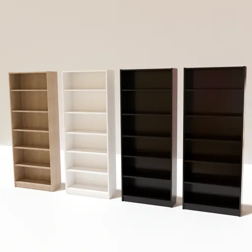 Variety of Ikea 3D bookshelves in a row, showcasing different textures and shaders, optimized for Blender.