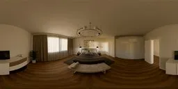 360 HDR lighting of a modern bedroom with a bed, chandelier, window, wardrobes, plant, and wooden floor.