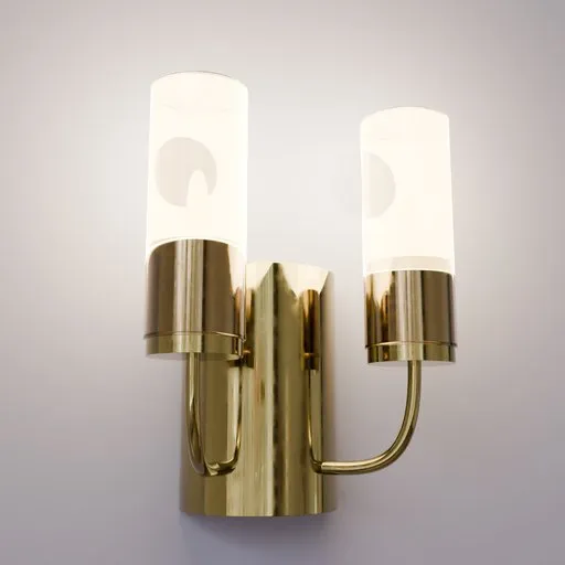3D render of a sophisticated golden wall lamp with two lit bulbs, designed for Blender 3D visualization.