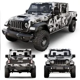 Detailed 3D model showcasing various angles of a customized Jeep Gladiator in camouflage livery, compatible with Blender.