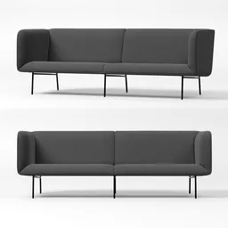 Detailed front and side view of a sleek, minimalist grey couch with thin legs, designed for Blender 3D rendering.