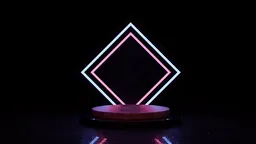 Stylish 3D product showcase with neon pink and blue lights on a black set designed in Blender.