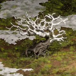 Detailed 3D rendering of a snow-covered Japanese tree with intricate branches, designed for Blender.