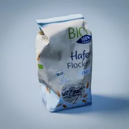 "Realistic photoscan of crumpled organic oatmeal pack, suitable as a kitchen or breakfast table decoration asset. This BlenderKit 3D model features unique label design and bioorganic concept. Perfect for in-game 3D modeling and packaging design."